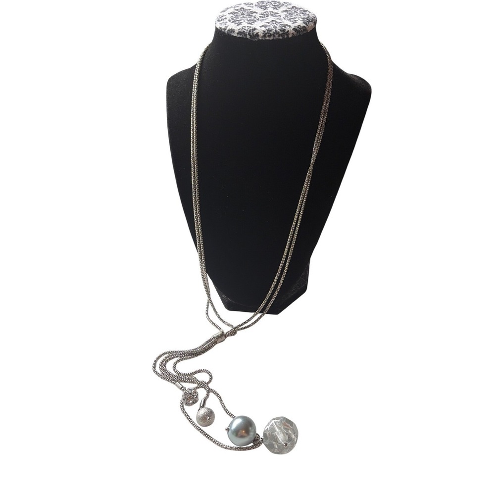Lia Sophia Silver Tone Multi Strand Popcorn Chain Lariat Necklace Pearl Crystal